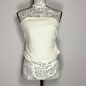 Cream linen blend tube top gauzy raunched sides festival beach hippie boho S